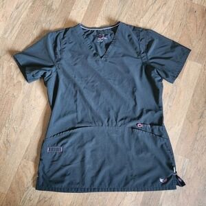 Smitten Womens Black V-Neck Medical Scrub Top Large Pink Contrast Heart Logo 318